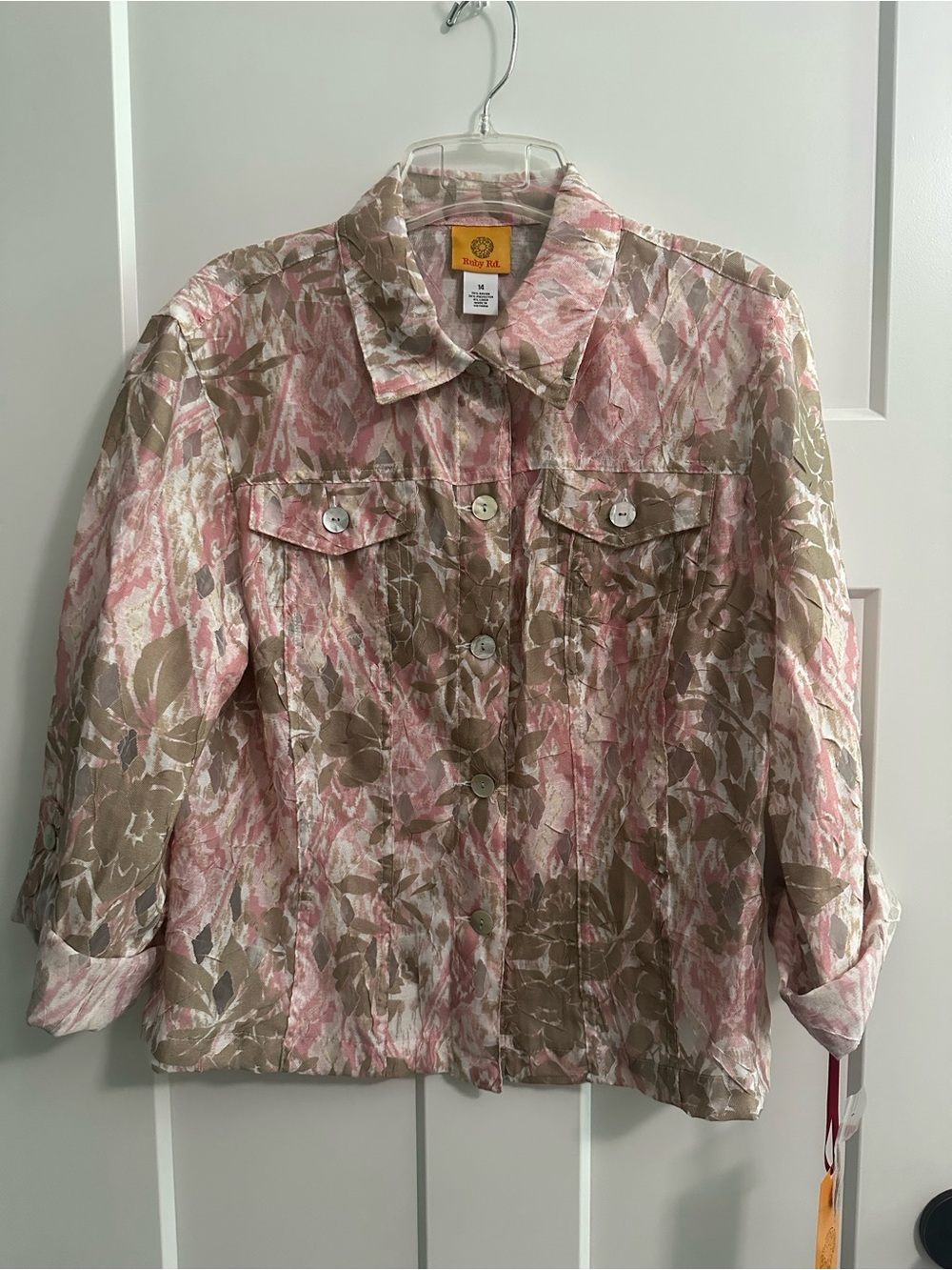 Ruby Rd. Pink and Tan Floral Button-Front Jean Jacket